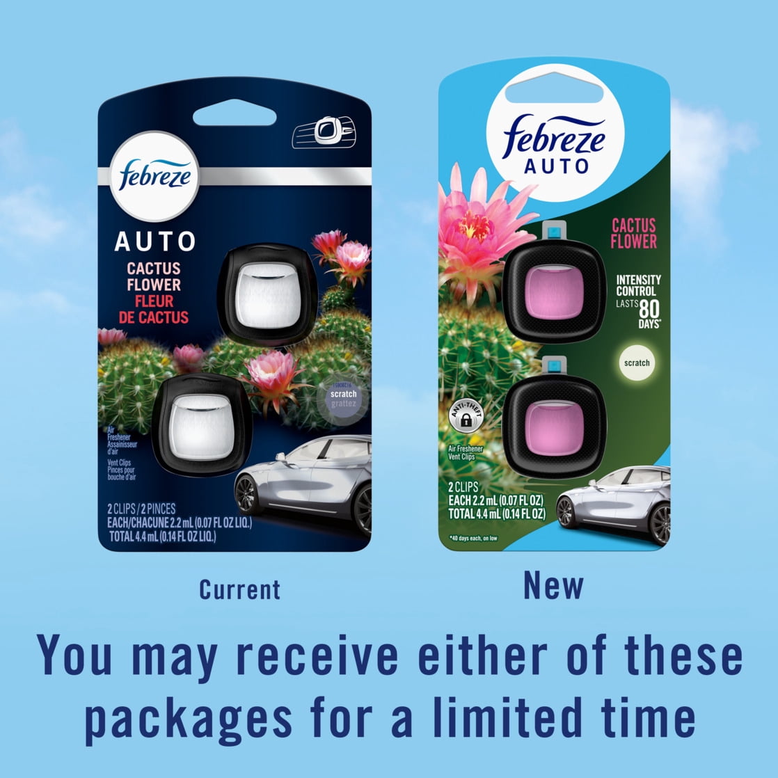 (2 pack) Febreze AUTO Car Air Freshener, Odor-Fighting Car Vent Clip, Cactus Flower, 2 Count