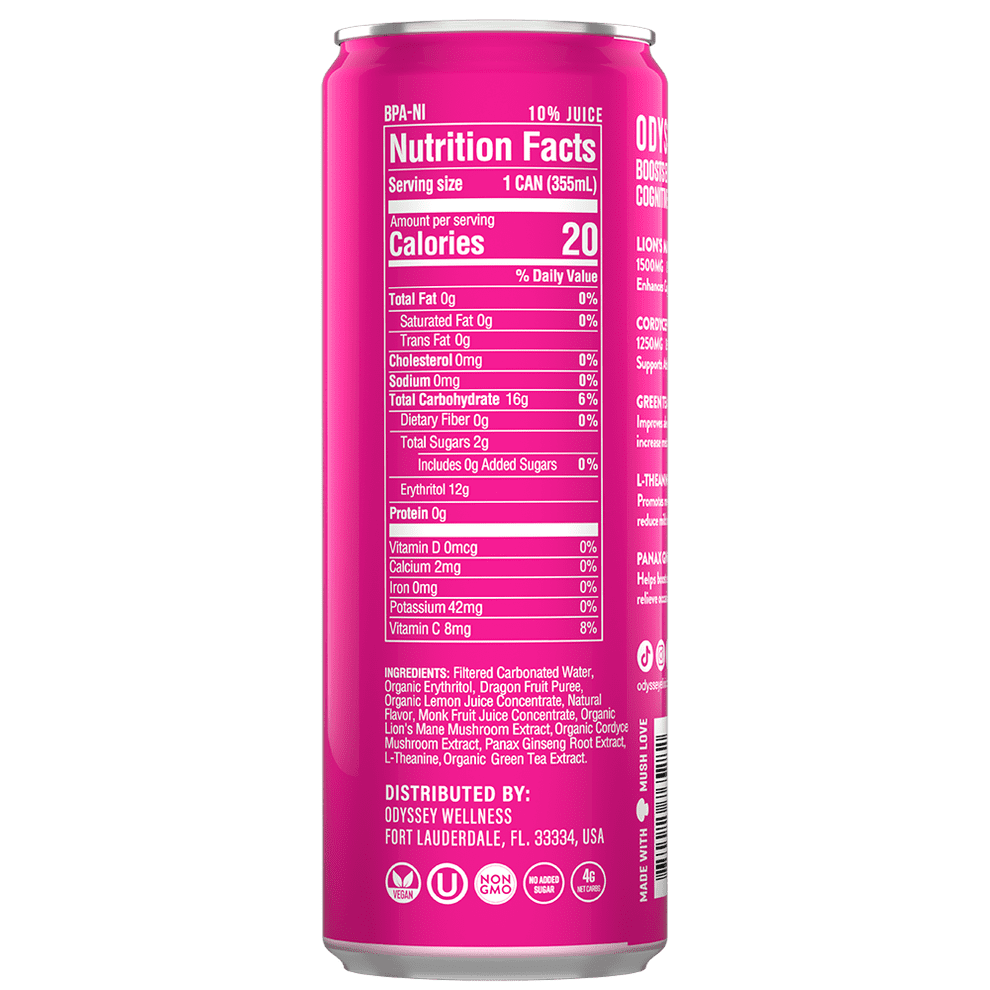Pack of 12, Odyssey Elixir Dragon Fruit Lemonade Elixir Sparkling Energy Drink, 12 fl oz