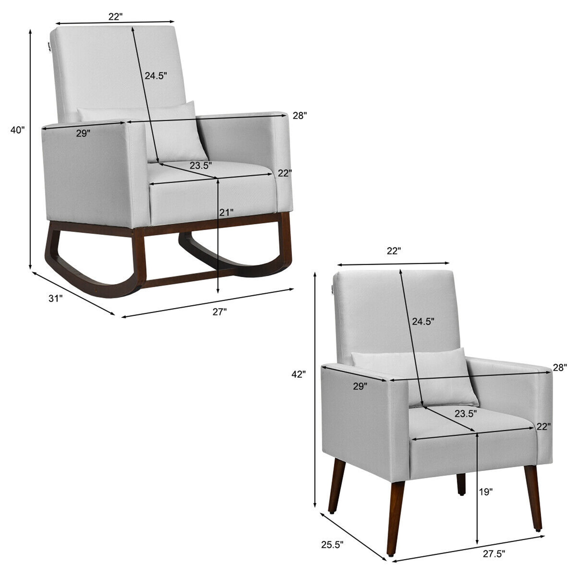 Gymax 2-in-1 Upholstered Rocking Chair Fabric Nursery Armchair with Pillow Light Grey