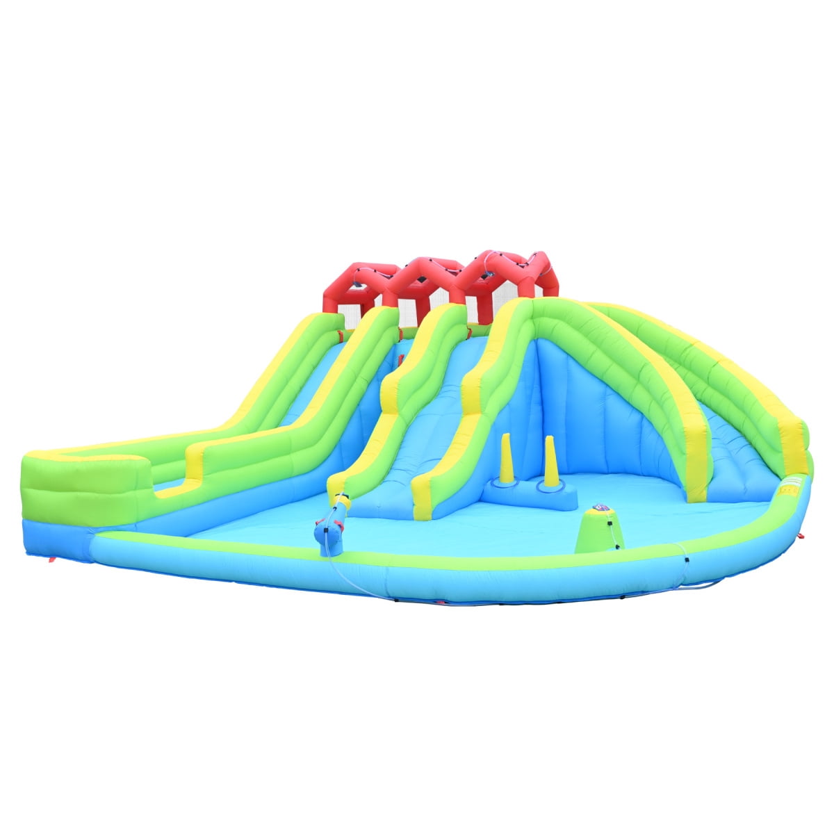 7in-1 Inflatable Water Park with Three Slides, Water Gun, Sprinkler Fountain & Climbing Wall for Kids – Includes Blower