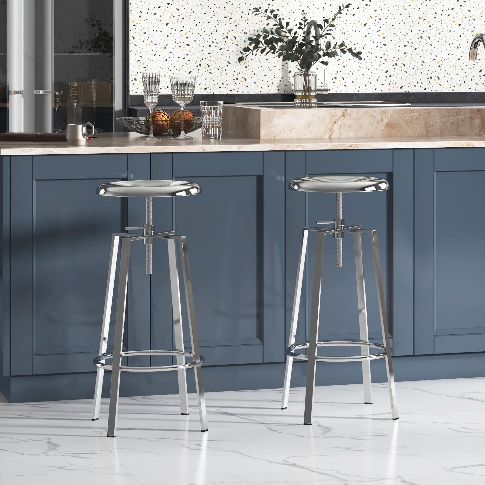Chrome Bar Stools Set of 2, Backless Counter Height Swivel Bar Stools for Kitchen Island, Modern Round Barstools Counter Stool (Chrome)