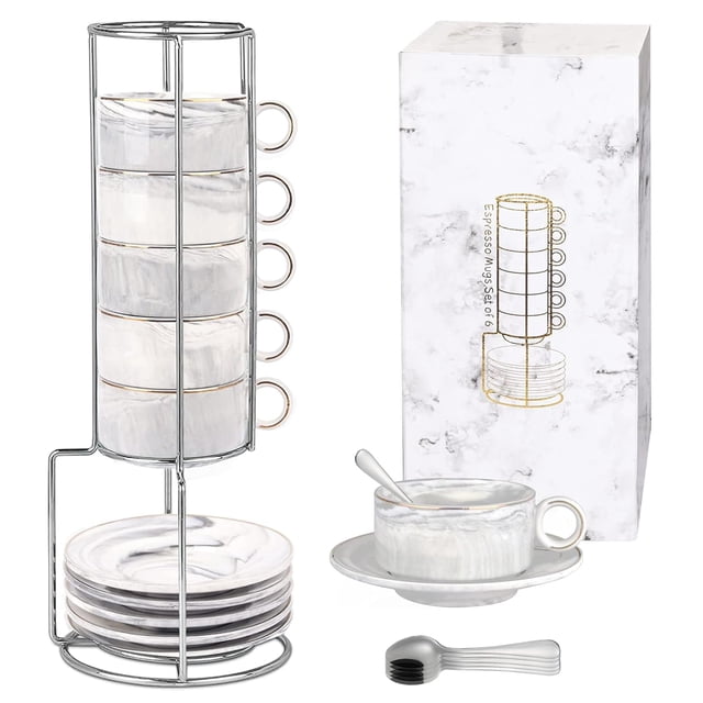 ROZYZOA Juego de Tazas para Café, 6PCS Tazas para Café Espresso, 100 ML con Platillo y Cuchara, Apilables, Ideal para Americano, Bebidas de Chocolate, Leche, Té