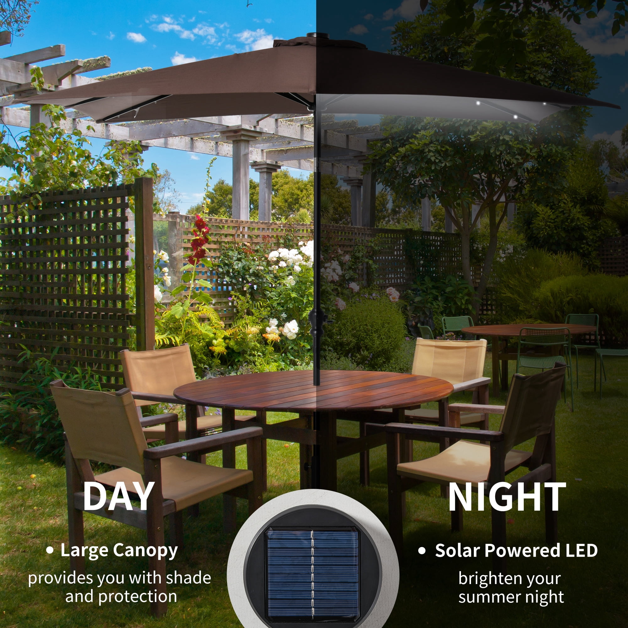 Homiyad 9' x 7' Patio Umbrella Outdoor Table Market Umbrella with Crank, Solar LED Lights, 45° Tilt, Push-Button Operation, for Deck, Pool, Brown