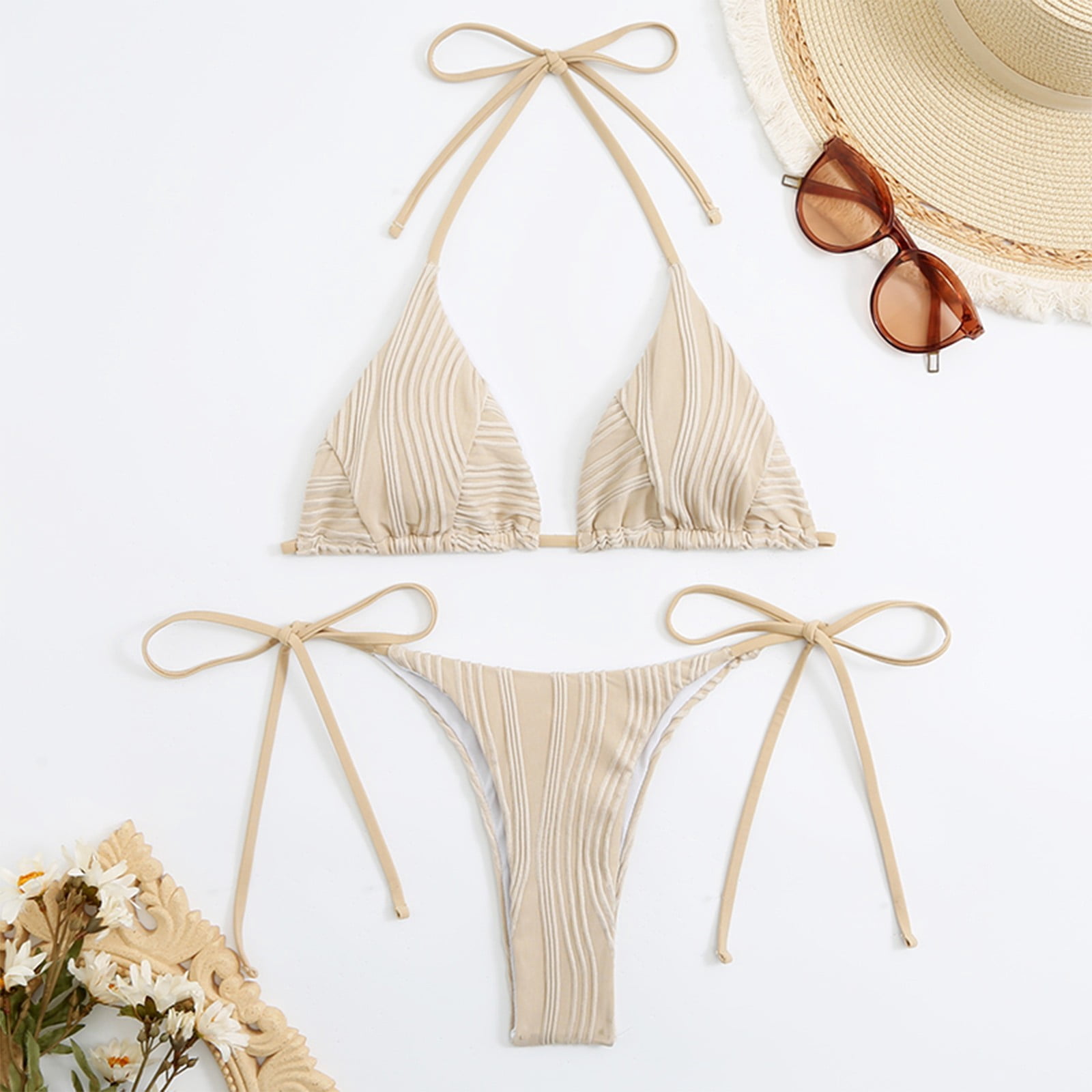 rib halter triangle tie side bikini swimsuit