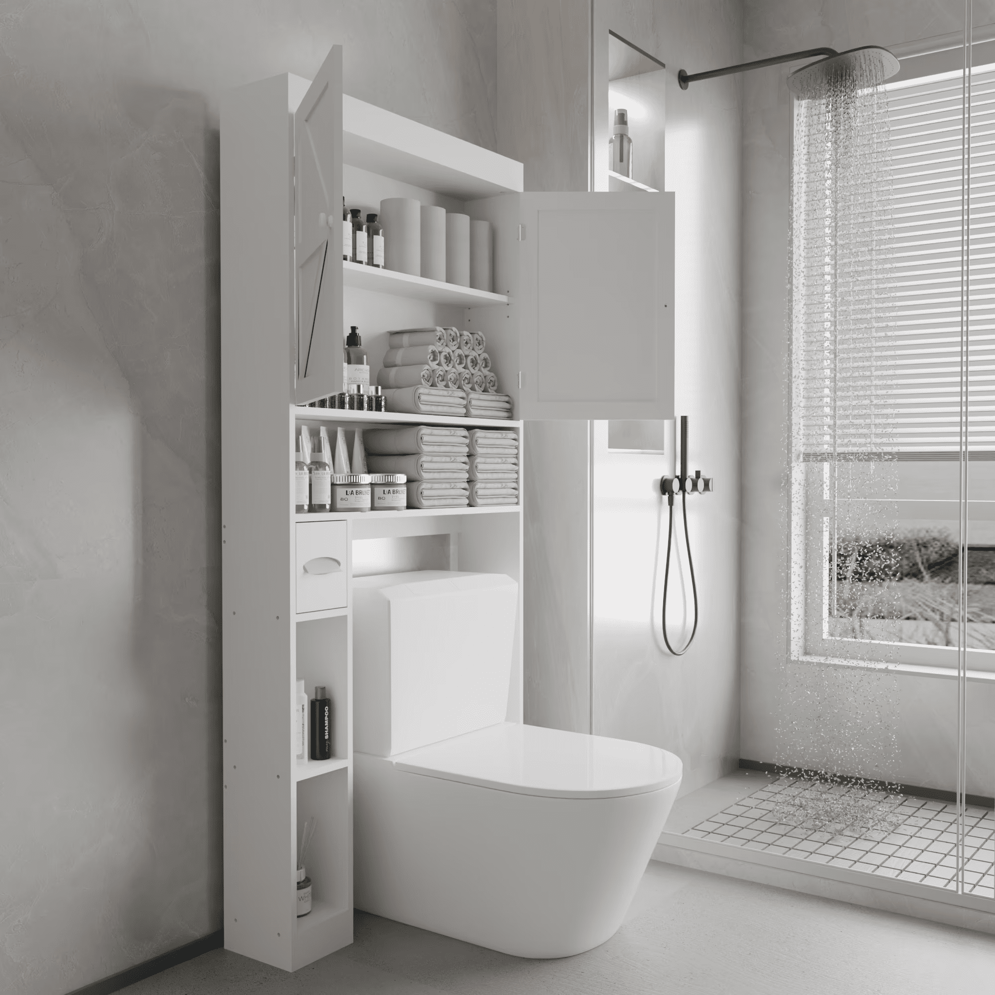 MAYEERTY Over-The-Toilet Storage Cabinet, Farmhouse Style, Bathroom Space Saver with 2 Doors