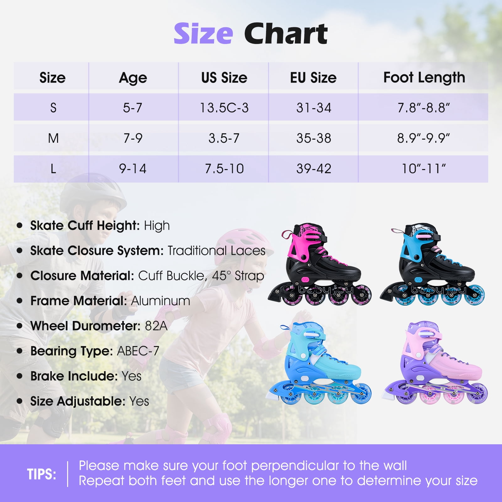 Babyjoy 4-Size Adjustable Light-Up Roller Skates with Illuminating Wheels & Safety Support Purple