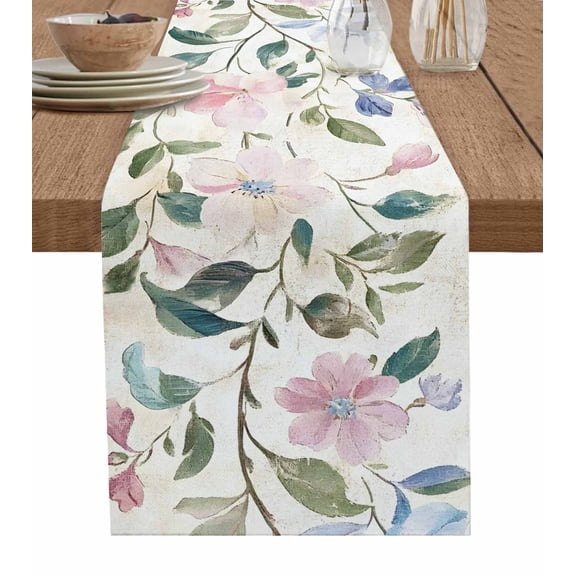 Vintage Botanical Table Runner Cotton Linen 60 Inch Holiday Dresser Scarves, Watercolor Leaf Spring Floral Tablerunner for Kitchen Coffee Dining Bedroom Home Living Room Dinner Scarf Décor 13''x60''