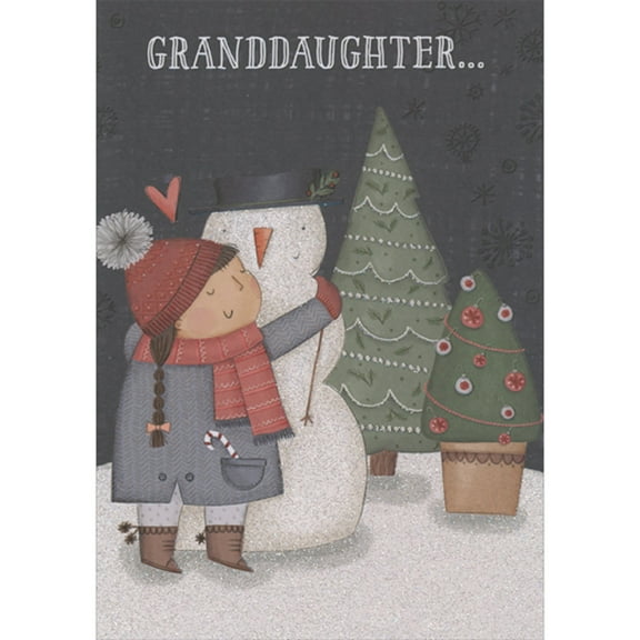 Designer Greetings Girl Hugging Sparkling Snowman Near Two Trees Juvenile Christmas Card for Young Granddaughter