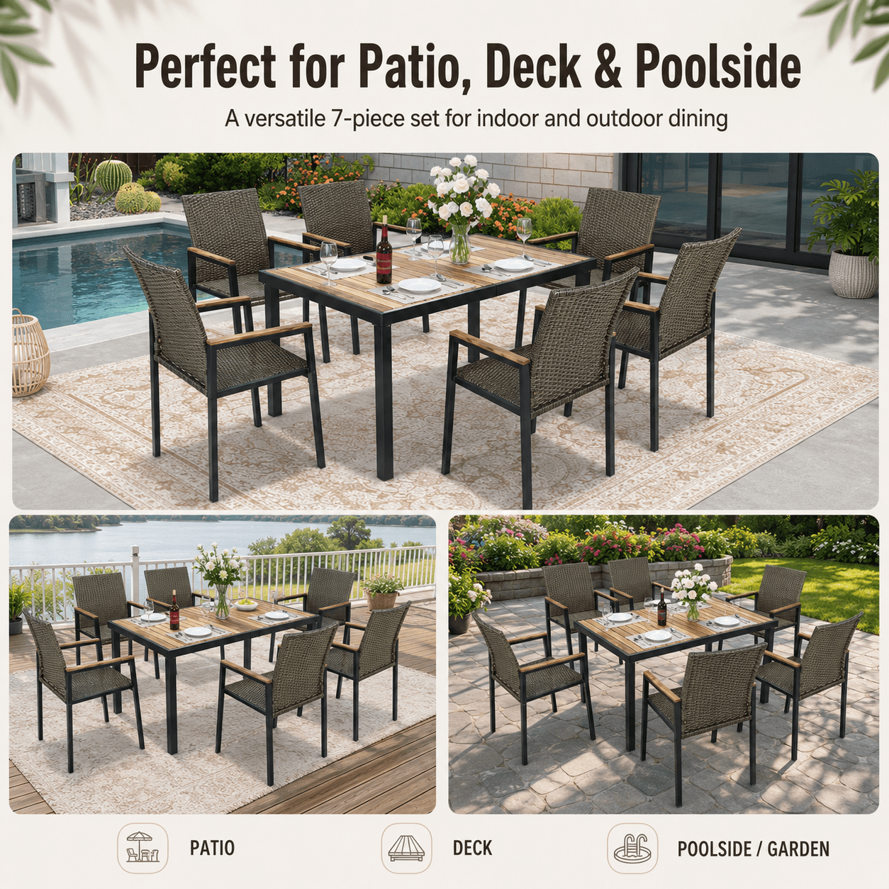 Seizeen 7-Piece Outdoor Table and Chairs, Patio Table Set with 6 Rattan Chairs, All-weather Outdoor Patio Dining Sets Rectangular Metal Table with Acacia Wood Top, Umbrella Hole, Gray