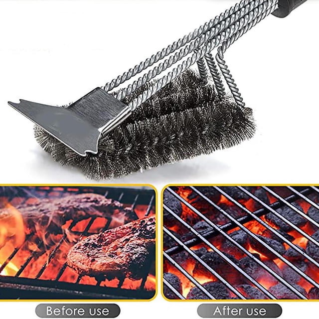 LSLJS Scraper Three Head Grill Mesh Cleaning Brush, BBQ Barbecue Tool Stainless Steel, Strong Decontamination Barbecue Brush, Home Accessories