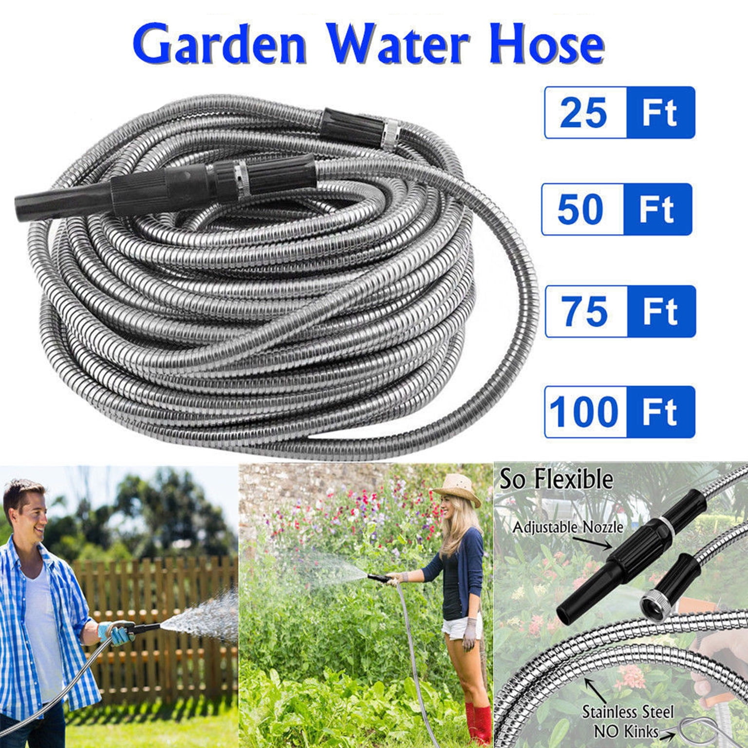 Stainless Steel Garden Hose 50FT 304 Flexible Expanding Water Hose Car Washing Vegetable Outdoor