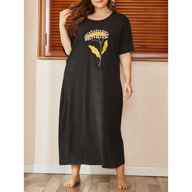 Patrón de flor de talla grande MIDI PAJAMA TEE Vestido Rosegal Pijamas y Batas Tallas Grandes