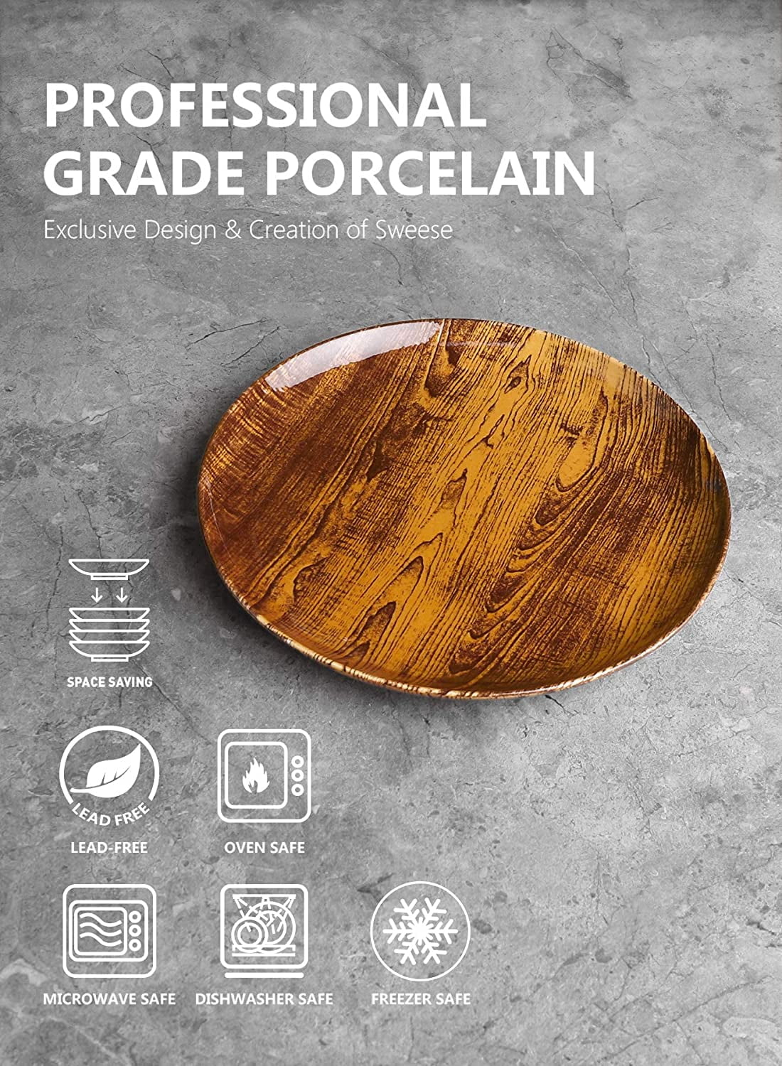 Sweese 162.498 Porcelain Dinner Plates Woodgrain 10 Inch Set of 4 
