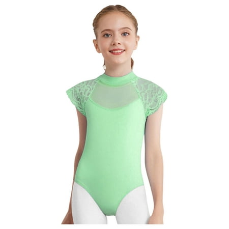 TTAO Ballet Leotards for Girls Dance Jersey Top Ballerina Floral Lace Cap Sleeve Button-Crotch Gymnastics Bodysuit Light Green 9-10
