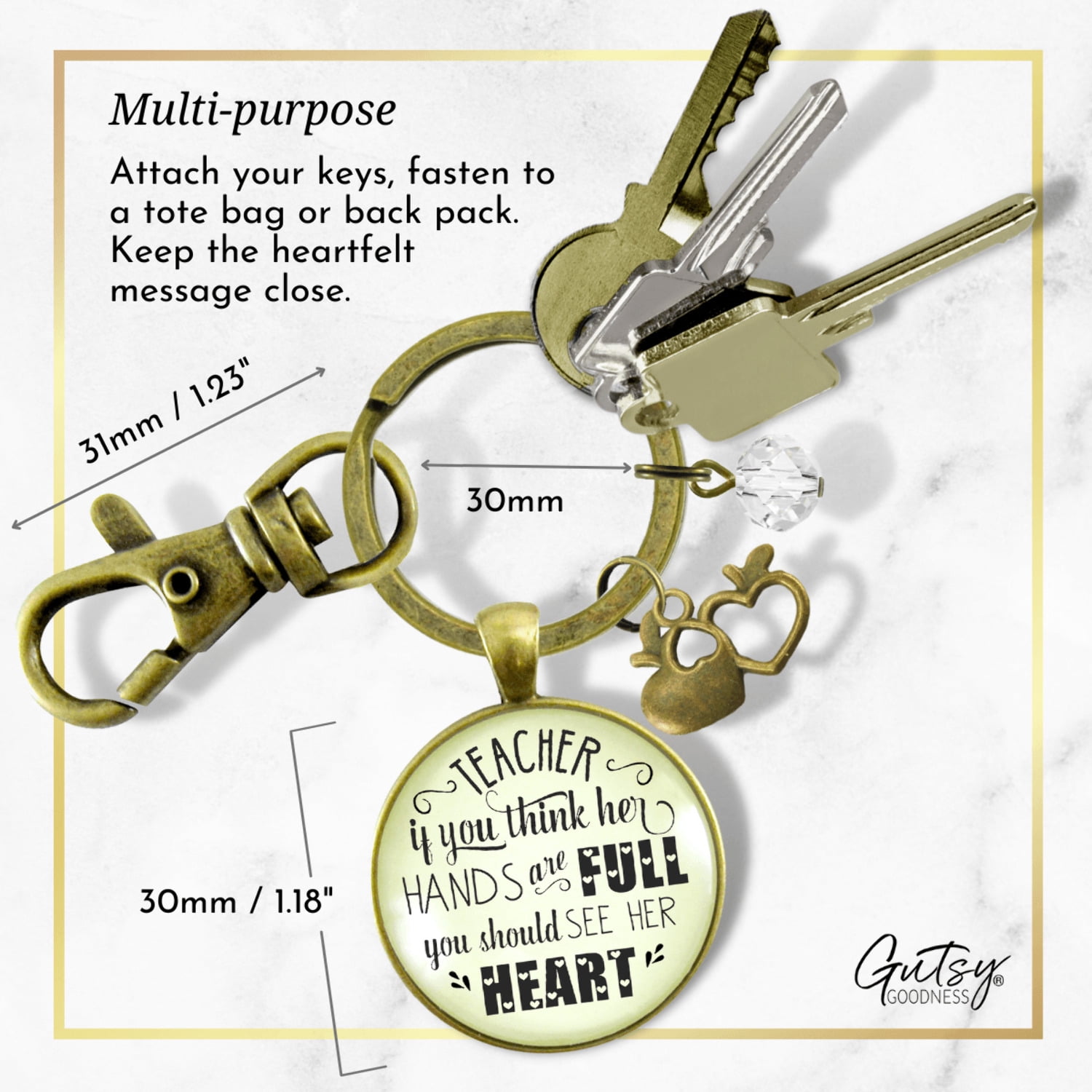 Teacher Gutsy Goodness Bronze Keychain If You Think Her Hands Are Full Heart Jewelry Gift School Quote Apple