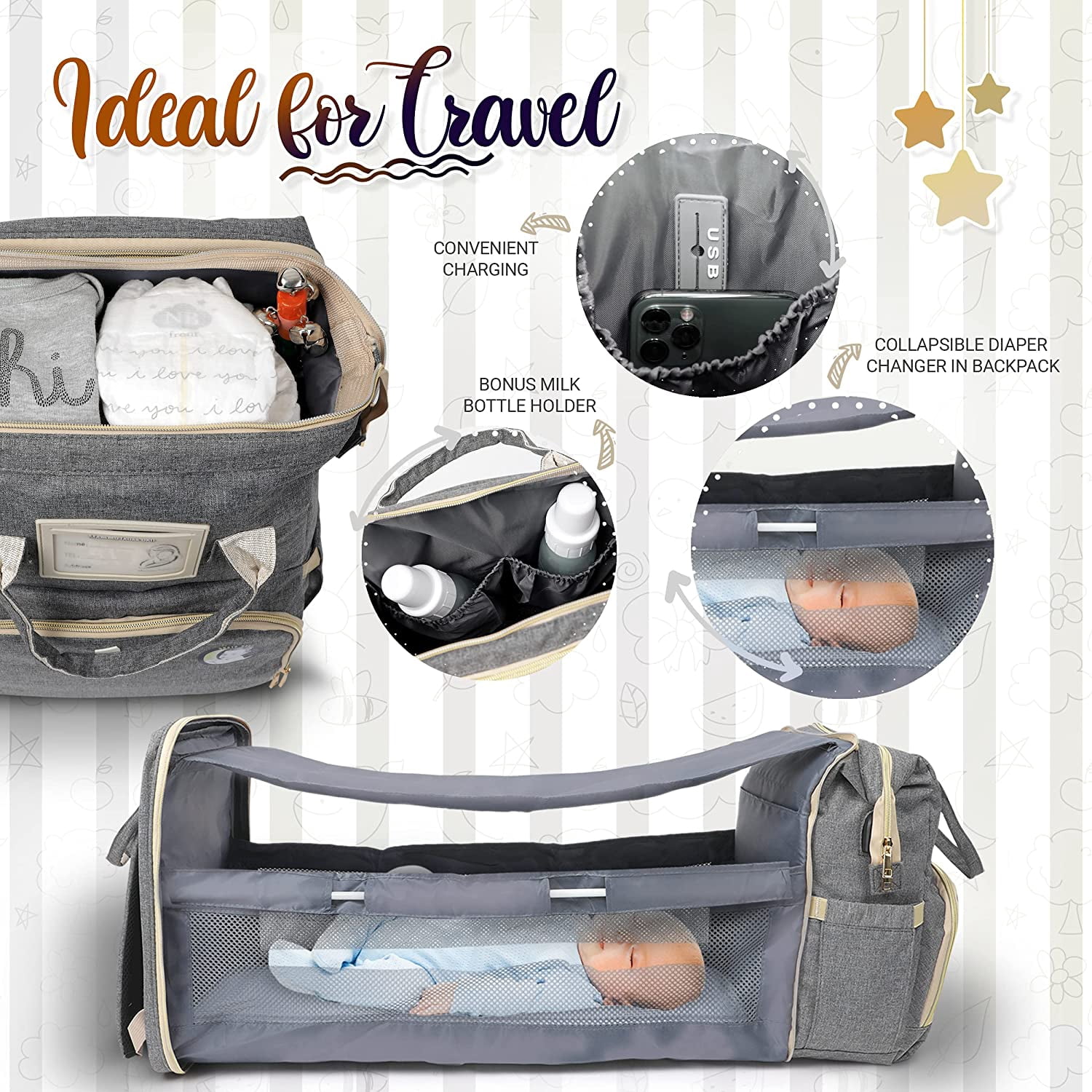 Baby Diaper Bag with Changing Station – Diaper Bag Backpack and USB Port, Insulated Bottle Bag, Mosquito Net, Sunshade – Comfortable and Stylish with Practical Stroller Hooks (Grey)