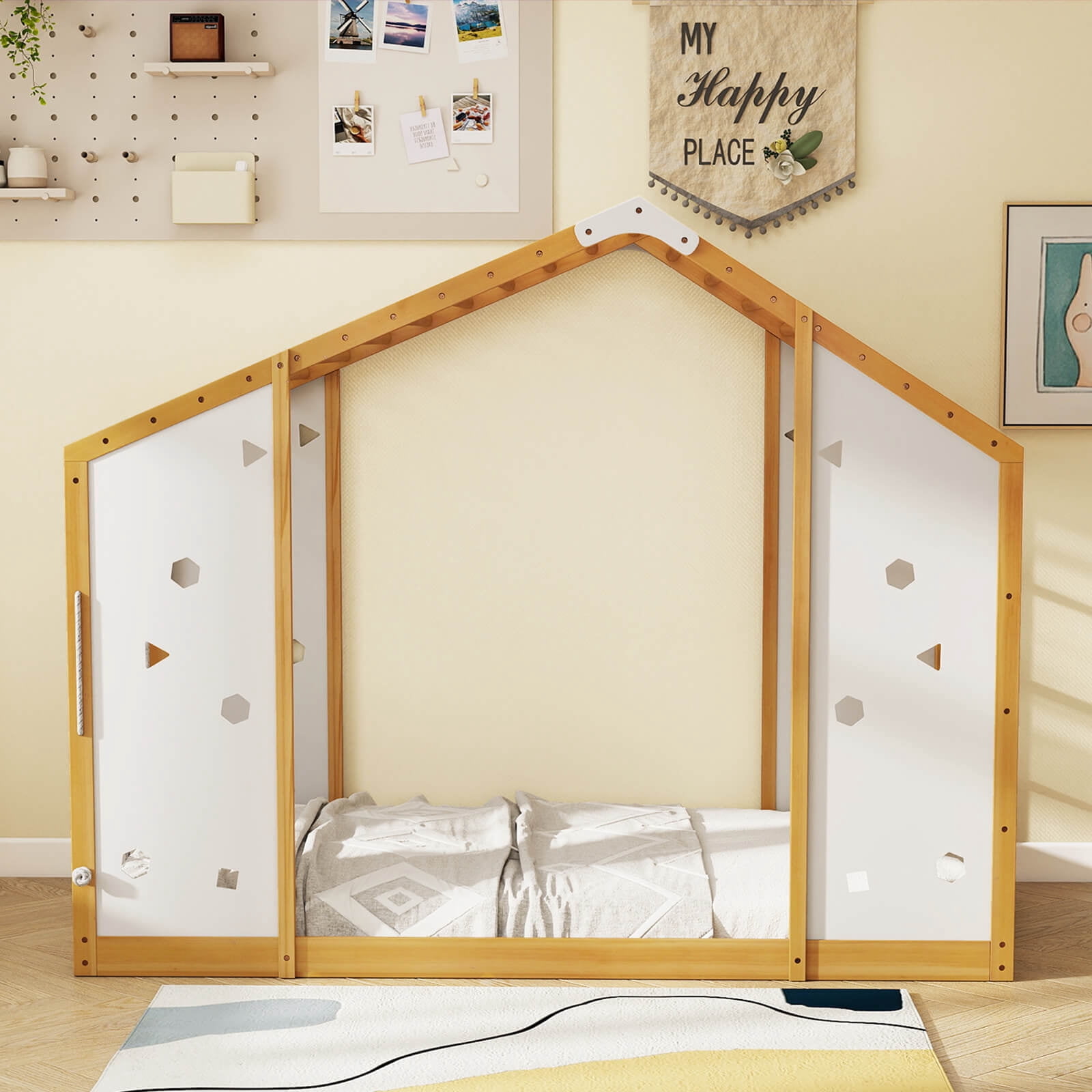 Costway Twin Size Climbing Bed, 2-in-1 Montessori Floor Bed with Monkey Bars for Boys Girls