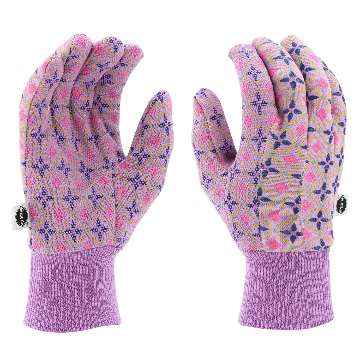 Miracle Gro Women's Printed Jersey Dotted Palm Garden Work Gloves, Light Weight Shell, Elastic Knit Wrist, Excellent Grip, Pink/Purple, Medium, MG65757/WML