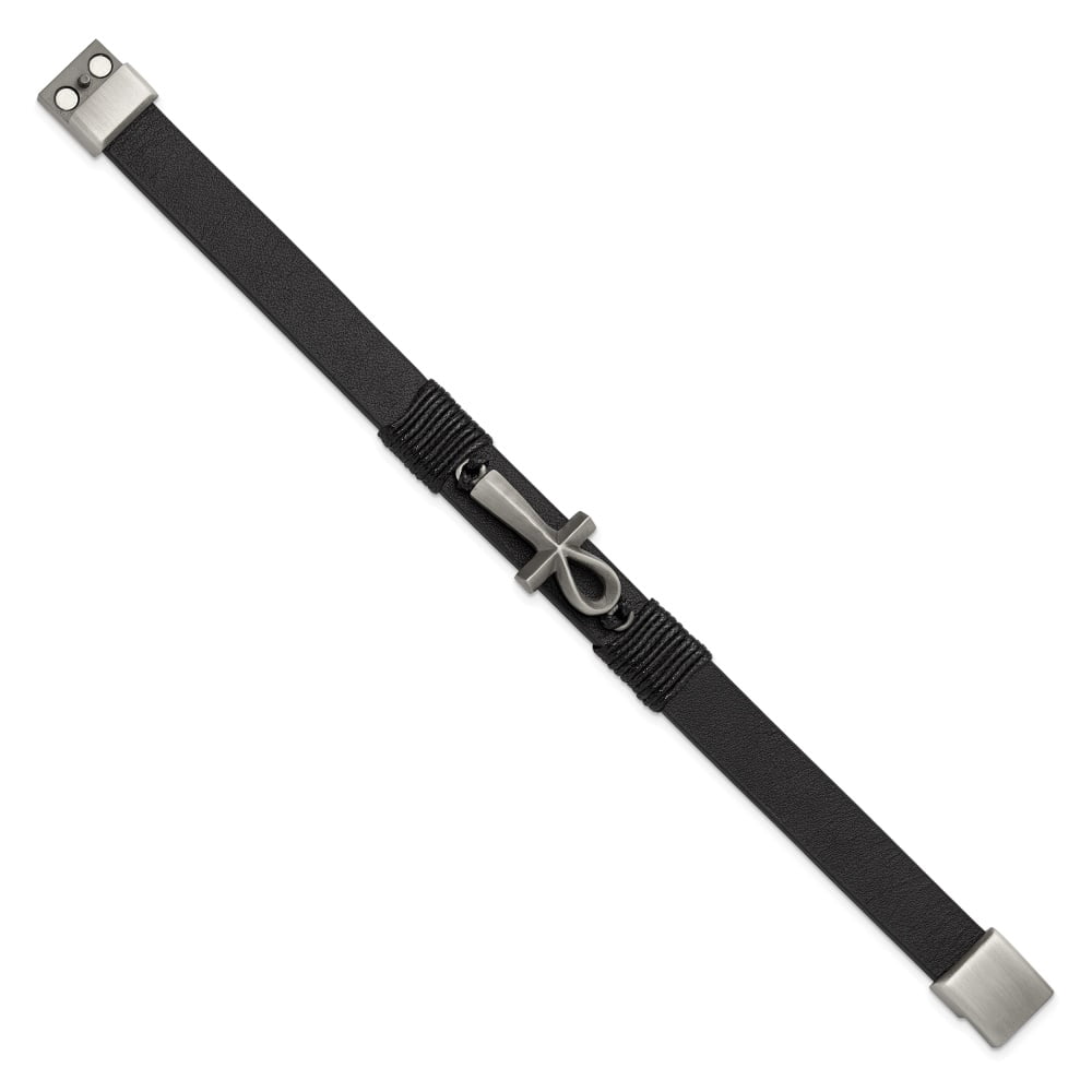 Diamond2Deal Stainless Steel Antiqued and Brushed Ankh Cross Black Leather Bracelet for Men 8.5"