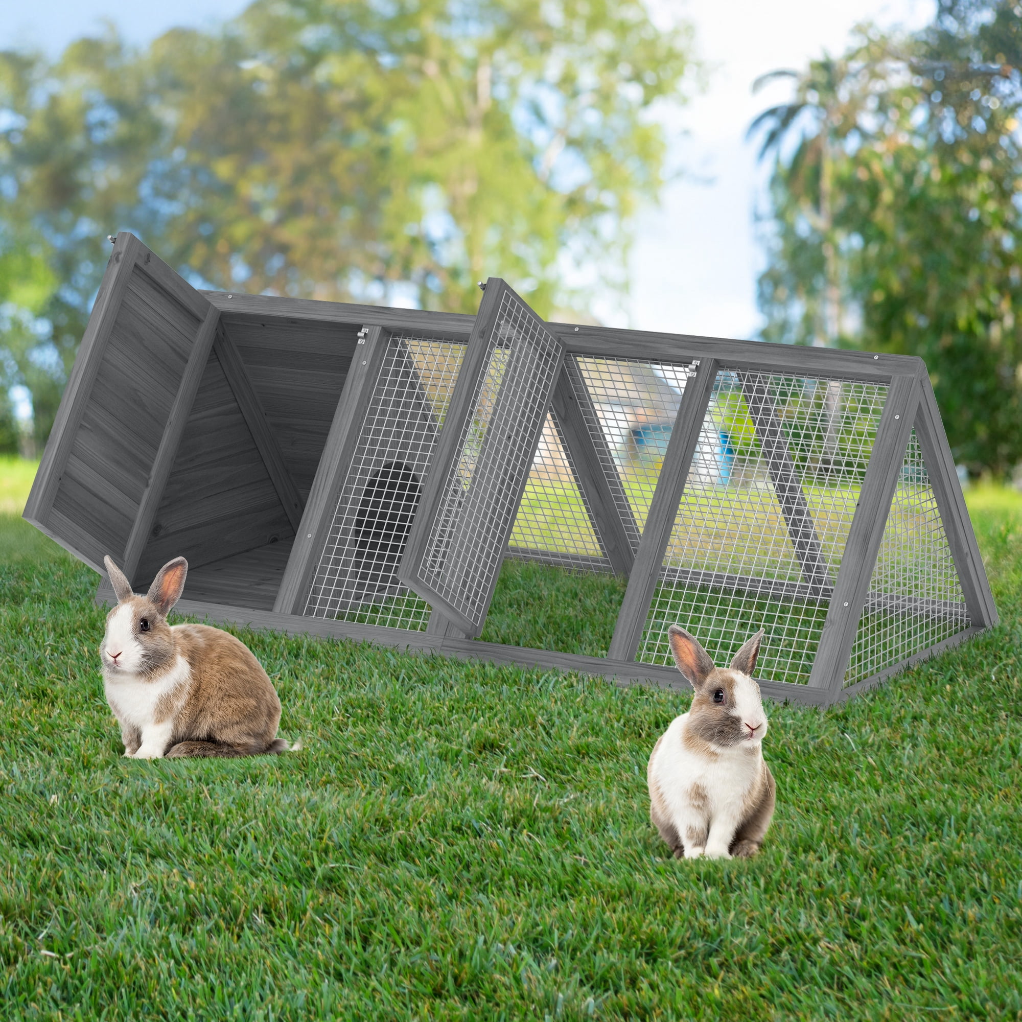 Rabbit Hutch Outdoor Small Chicken Coop Wooden Triangle Cage w/ Run and Ventilated Wire Mesh for Quail Reptile Small Animal
