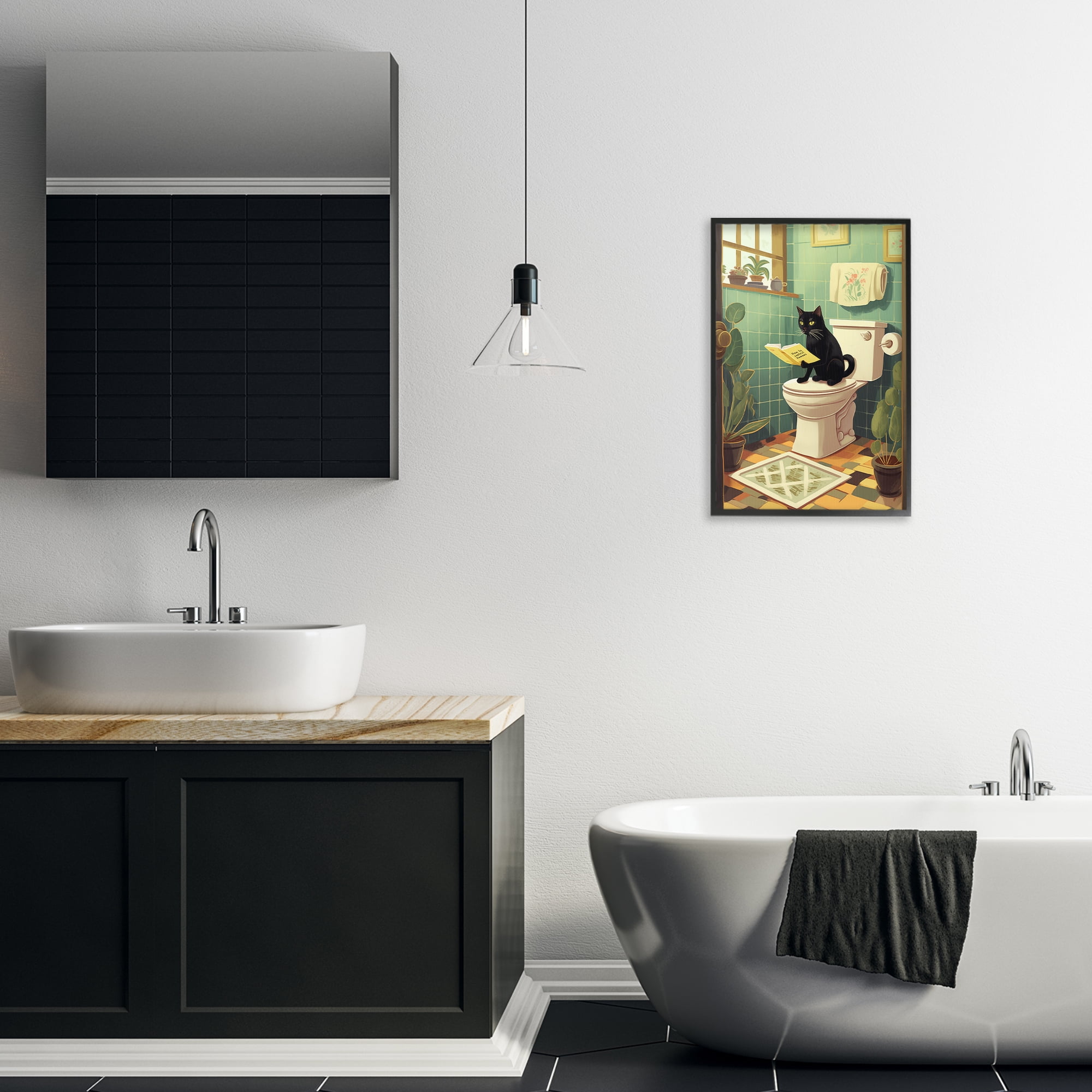 Cat Reading On Toilet Black Framed Giclee Art, design by Andreas Magnusson