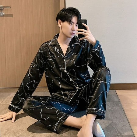 

PIKADINGNIS Silk Men Pyjamas Set OverSize 4XL 5XL Long Sleeve Casual Home Wear Spring Autumn Silk Boy Pajama Sets Leisure Sleepwear Set