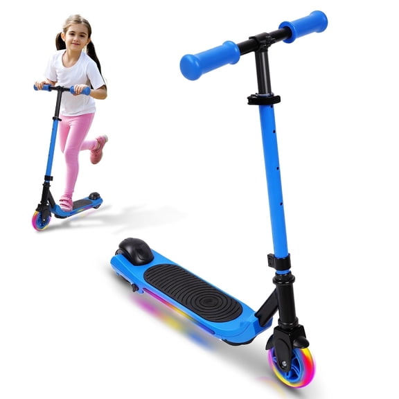 Electric Scooter for Kids Ages 6-12, Blue Powered E Scooter with Colorful LED Lights, Foldable Electric Scooter with 3 Adjustable Height, Anti-Slip Handlebar, 60W Motor,Max 5Mile & 3Mph,up to 132lbs