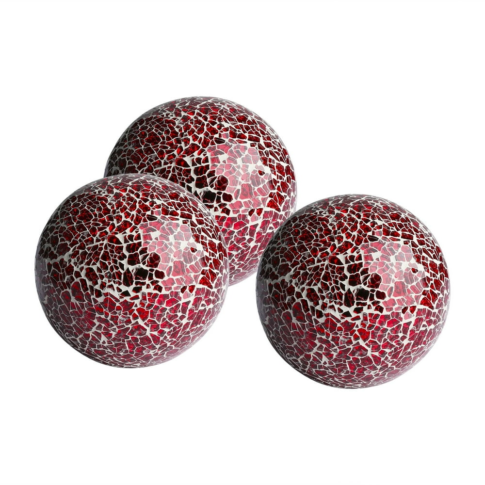 Decorative Balls Set of 3 Glass Mosaic Sphere Dia 4" (Red)