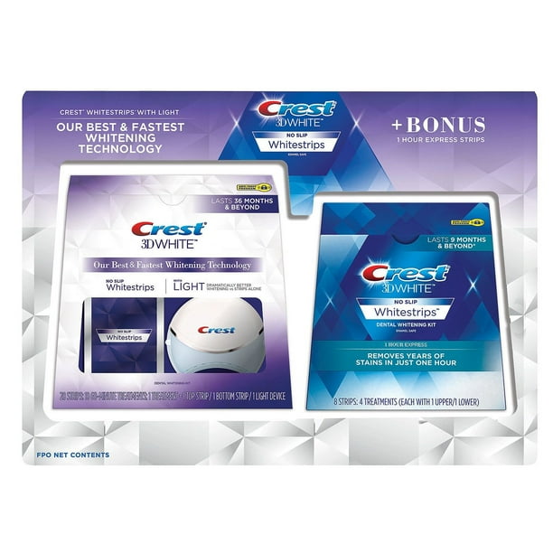 Crest 3D White Whitestrips Set, No Slip Whitestrips with Light, 10 Treatments + 1 Hour Express No Slip Whitestrips, 4 Treatments