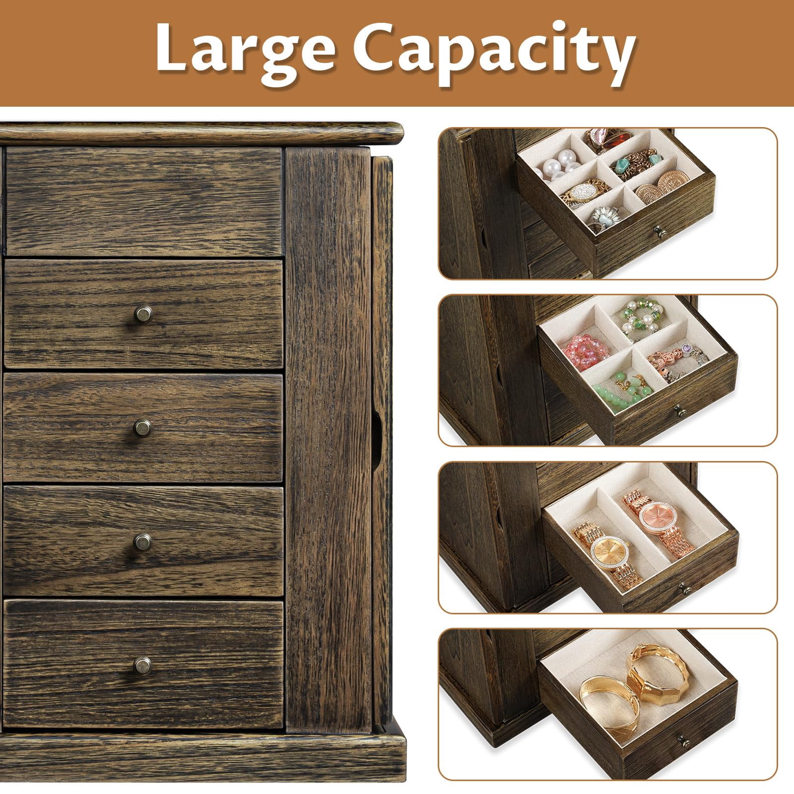 Jewelry Box for Women, 5 Layer Large Wood Boxes & Organizers for Necklaces Earrings Rings Bracelets, Rustic Organizer with Drawers and Mirror, Light Taupe