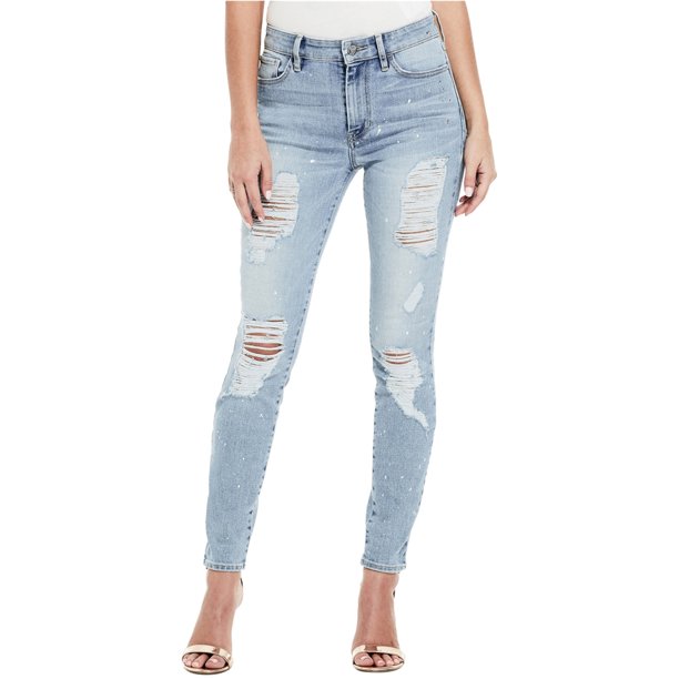 GUESS Jeans ajustados rasgados con salpicaduras metálicas para mujer, Azul, 27 Regular Guess Ceñido