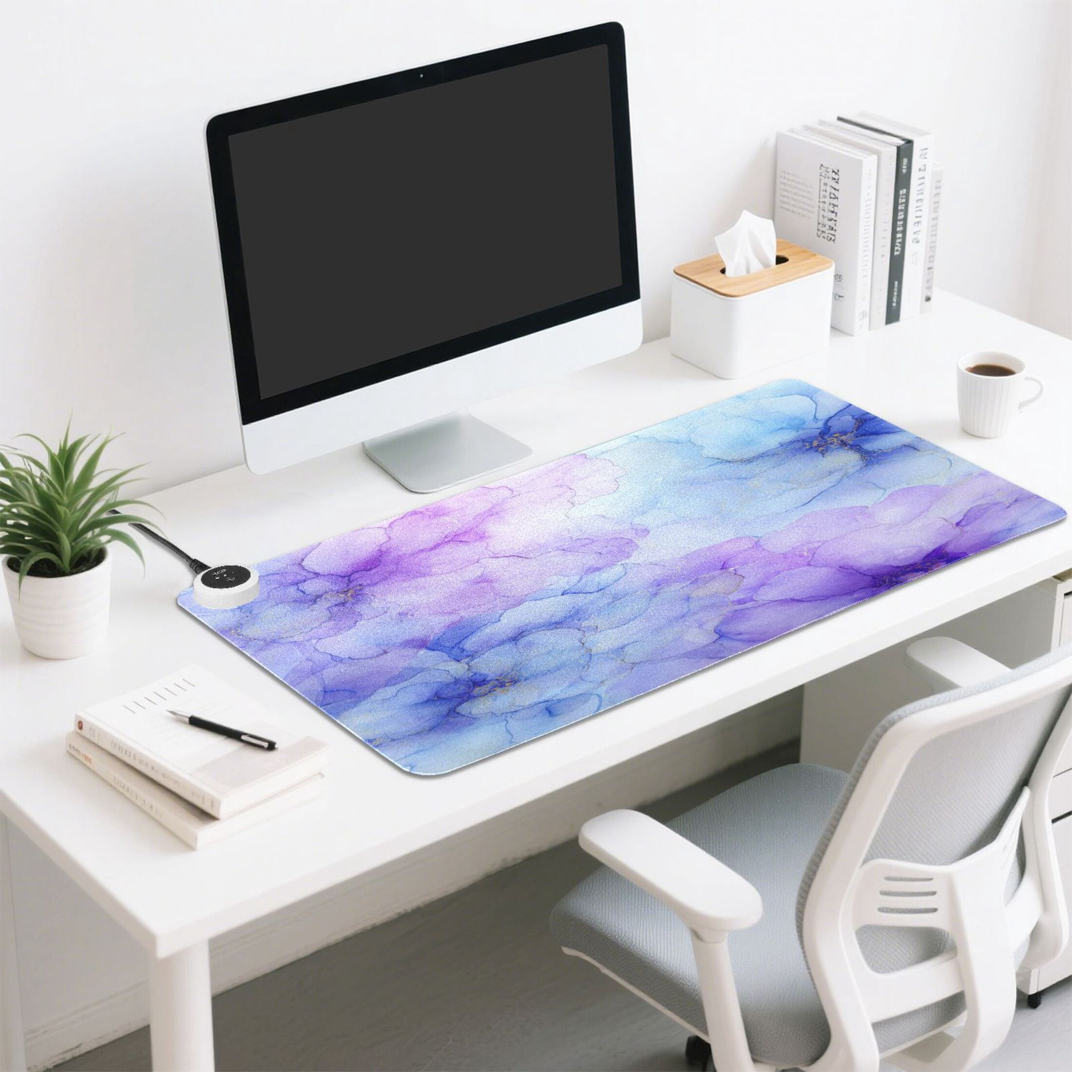 Large Heated Desk Mat Mouse Pad 31.5"x13"PU Leather Graphene Heating Desk Warmer with 3 Temperature Settings 110V US Plug Non-Slip Warm Pad for Home, Office, and Gaming Translucent Floral Ink Design