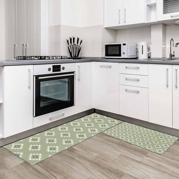 Sage Green Boho Geometric 2 Pieces Non-Slip Kitchen Mat Set Country Abstract Pattern Soft Door Mat with Rubber Backing,Dirtproof Rugs for Entrance Doorway 20x24in 20x48in