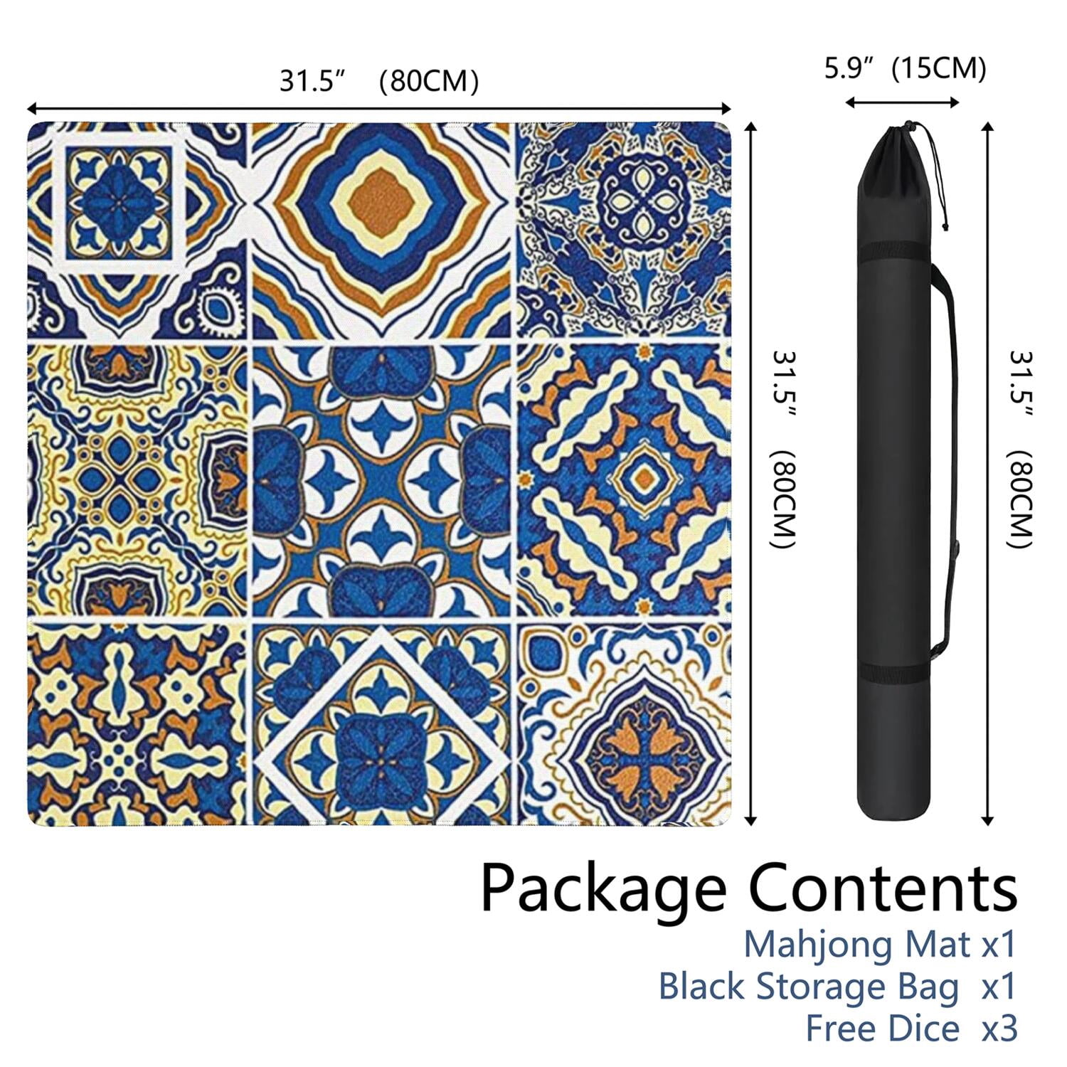 Decorative Boho Print Playing Mat for Mahjong Tables 31.5x31.5 Inch Rubber Surface with Anti-Slip Grip and Noise Dampening for Board Games and Game Room