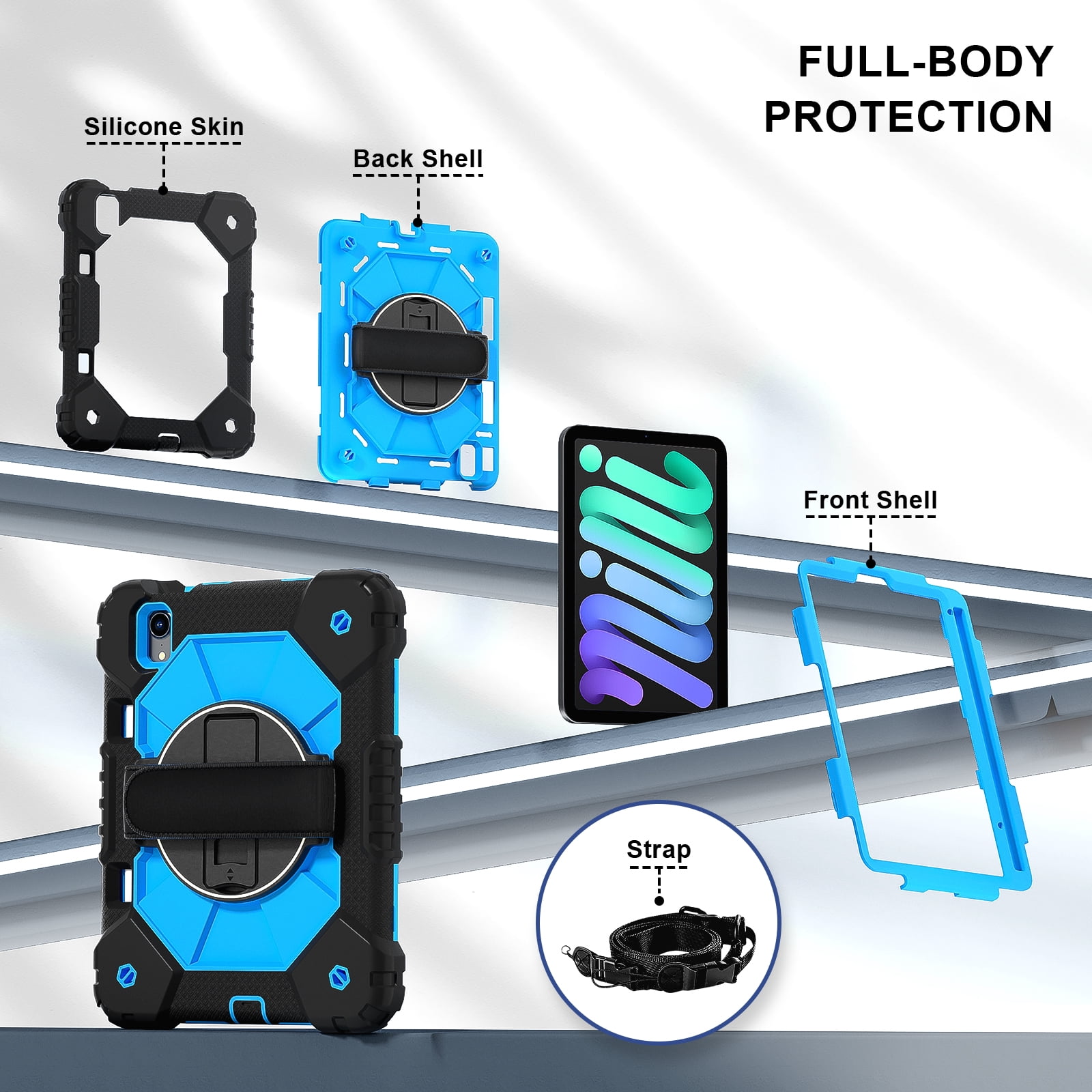 For iPad Mini 7th 6th Generation Case with Pencil Holder, Heavy Duty Shockproof Ruggd Rotating Kickstand Hand Strap Cover Case with Shoulder Strap Kids Friendly Case for Apple iPad Mini 6 7,Black+Blue