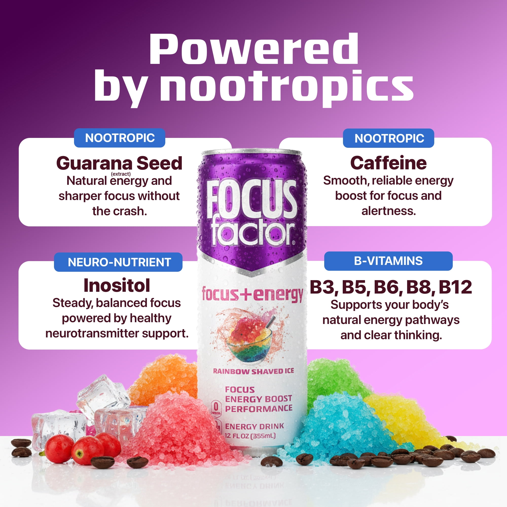 Focus Factor Energy Drink - 12 x 355ml Cans (Rainbow Shaved Ice Flavor) - with Focus + Energy - Sugar Free, Low Calorie with Vitamin B6 & Vitamin B12