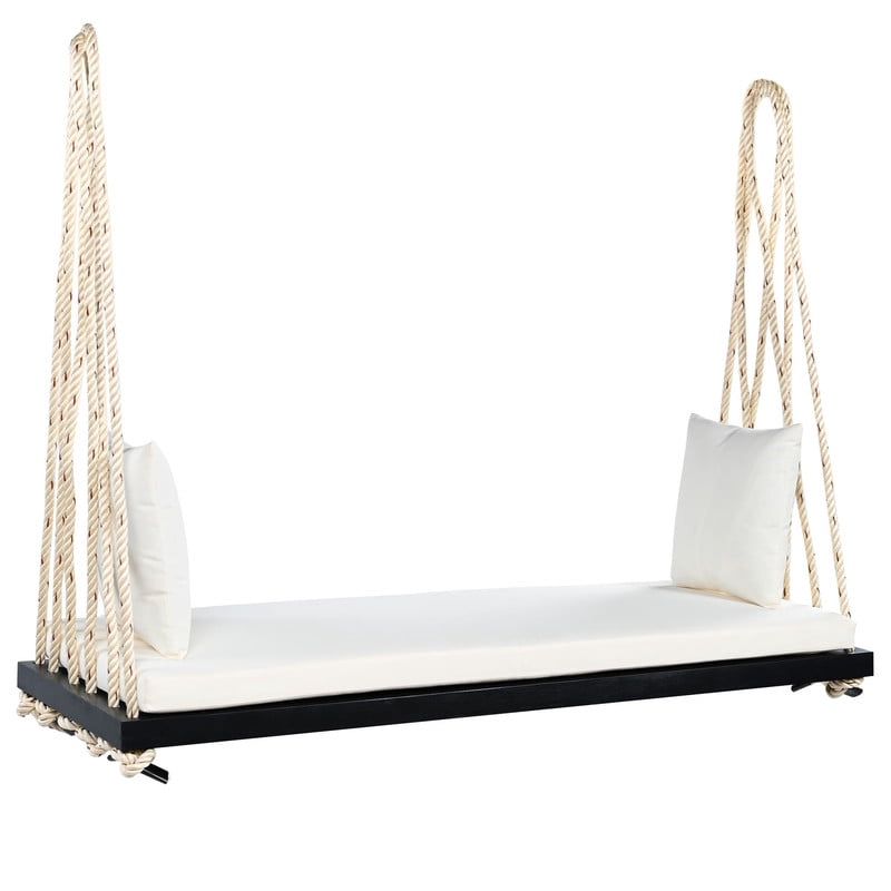 Patio Wooden Swing Chair, 2-Seat Hanging Porch Hammock Bench with Cushion & Pillows, Outdoor Swing Bench with 10.8Ft Hemp Ropes for Garden, Backyard, Lawn