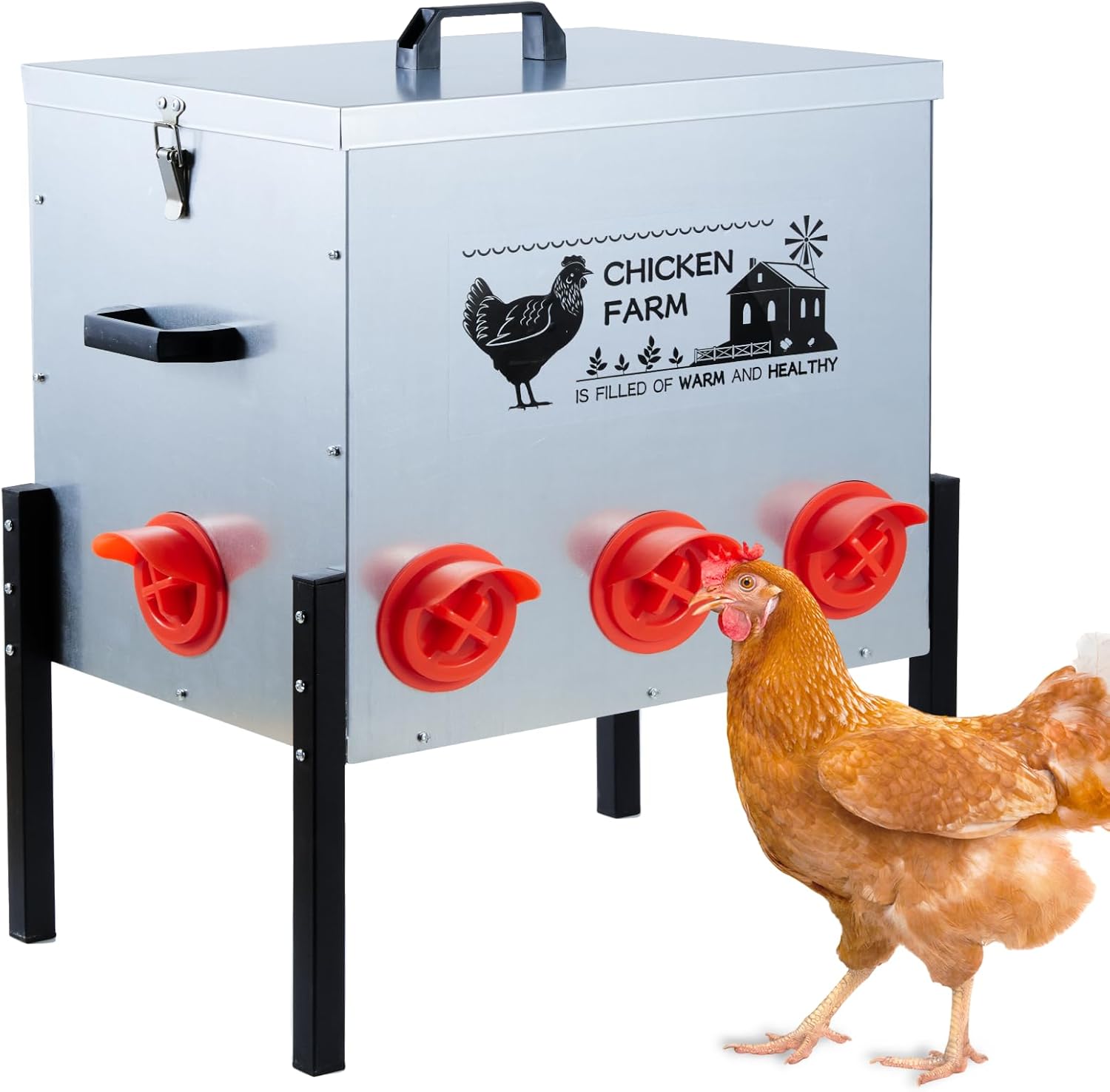 Automatic Chicken Feeder Box 30 lbs, 6 Feeding Ports, No Waste Poultry Feeder with Locking Lid and Adjustable Legs for Chickens, Ducks, Geese Galvanized Metal (30 Lbs-6 Ports)