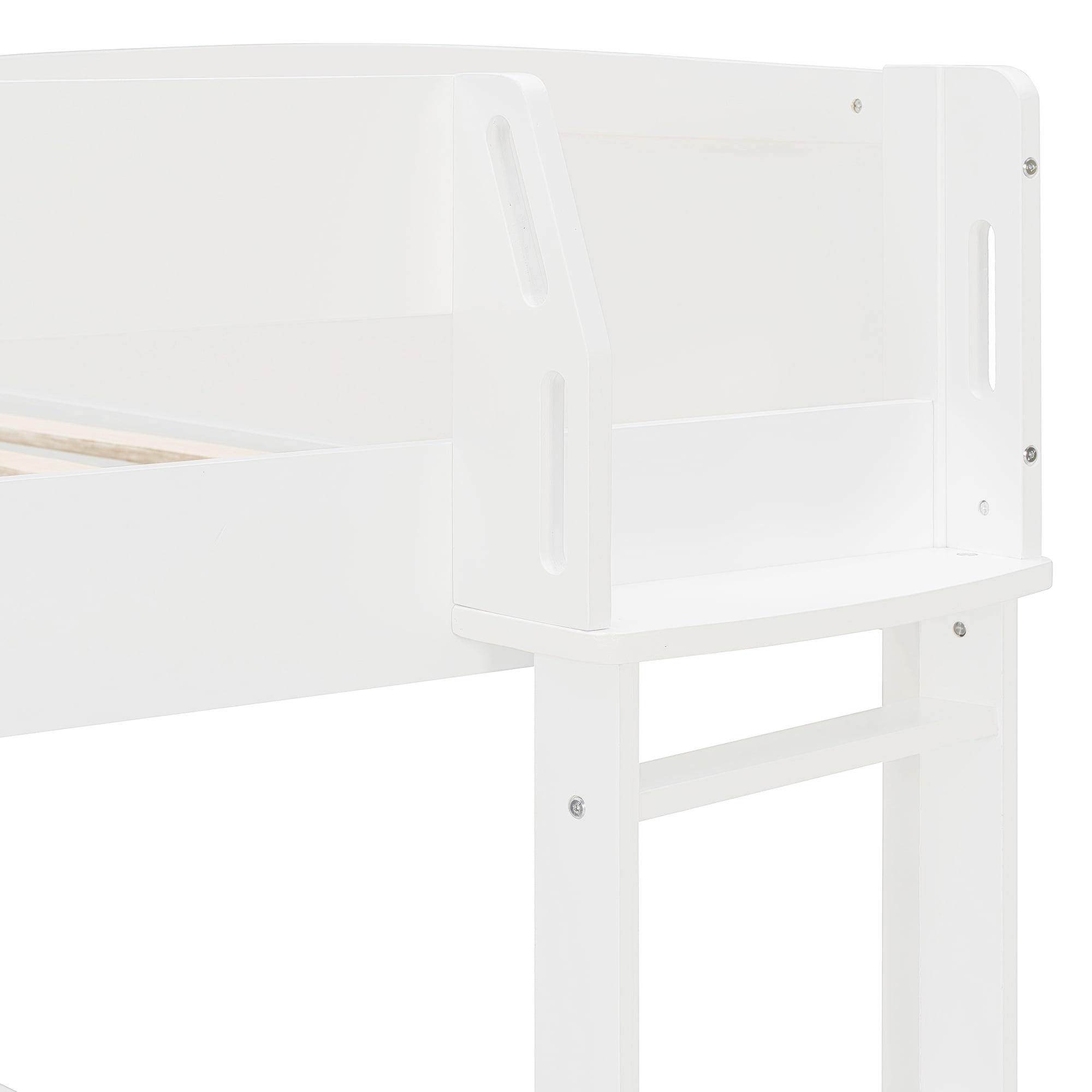 Full Size Wood Loft Bed with Desk, Bedside Storage Shelf, Sofa and Light, Space Saving Loft Bed with Rotating L-Shaped Desk for Bedroom Home Office Studio Apartment, White
