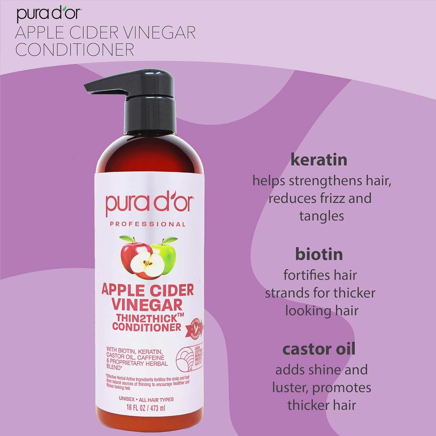 PURA D'OR Apple Cider Vinegar Thin2Thick Shampoo & Conditioner Set (16oz X 2)