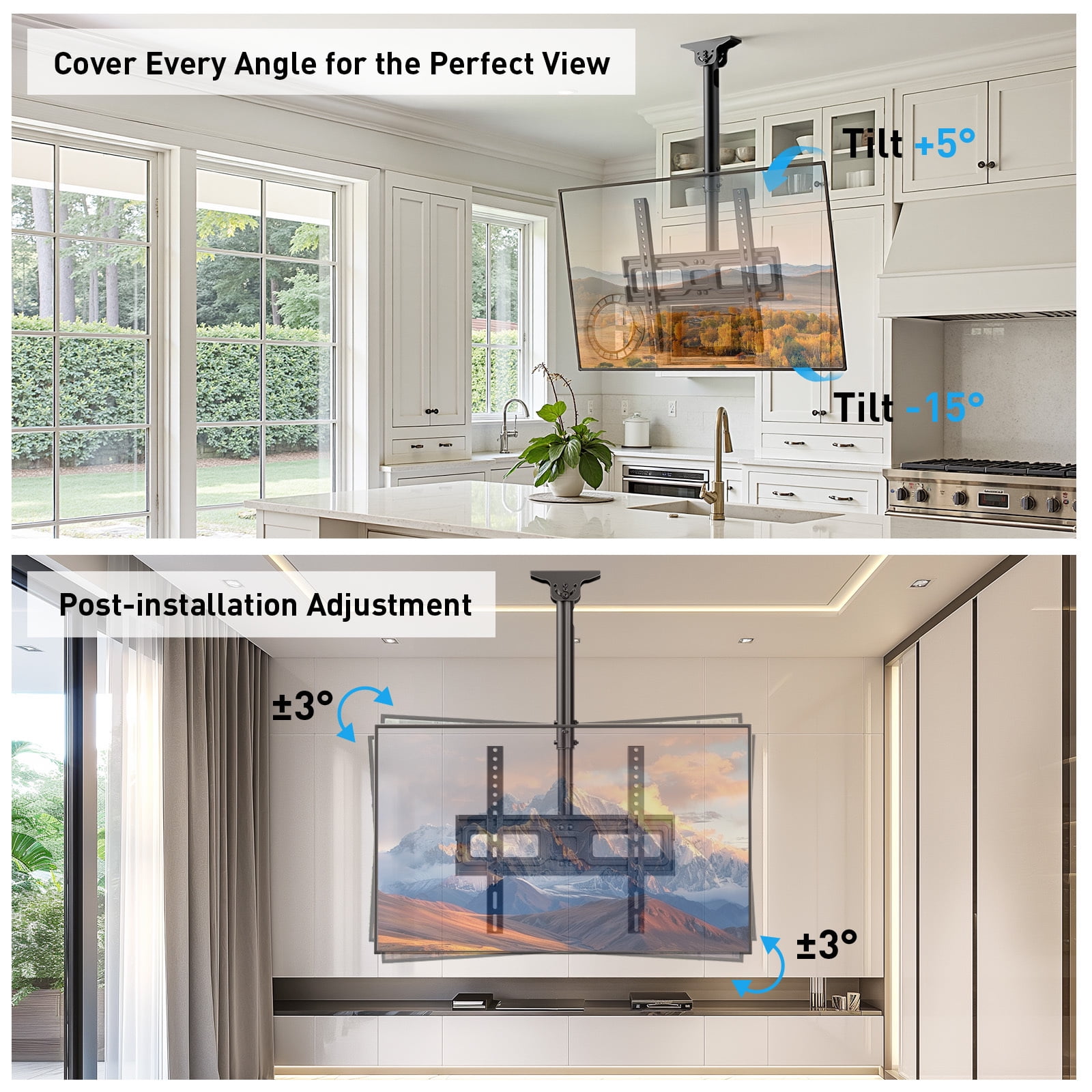 MountFTV Ceiling TV Mount for 26-70 inch TVs ,Holds up to 110lbs, Max 400x400mm, 6 Adjustable Height Setting Full Motion Hanging TV Wall Mount Bracket