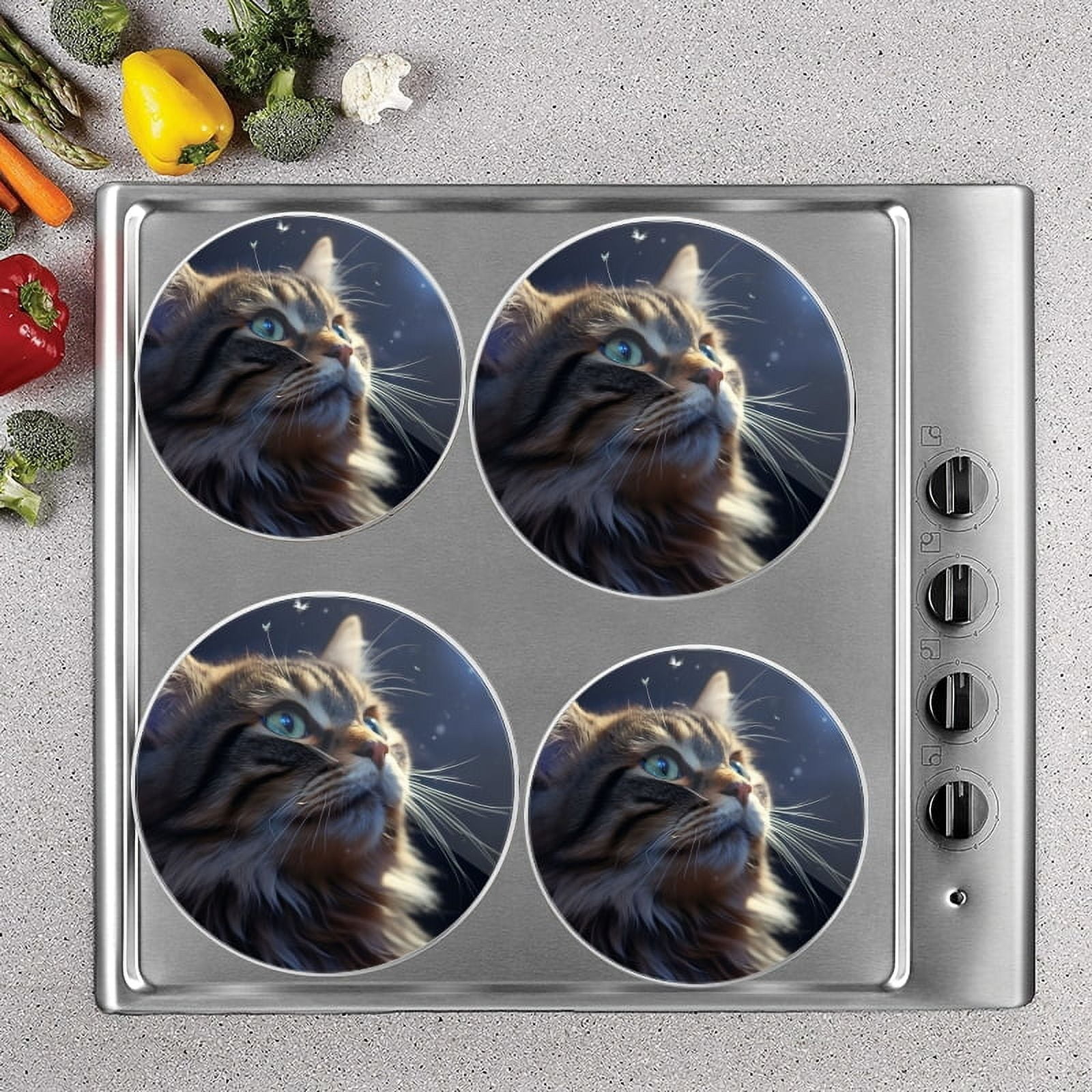 Bahomeck Electric Stove Burner Covers Set Of 4,Beautiful Fluffy Cat Gazing At The Stars Metal Gas Stove Burner Covers,Protecting Gas Stoves,8 Inch And 10 Inch