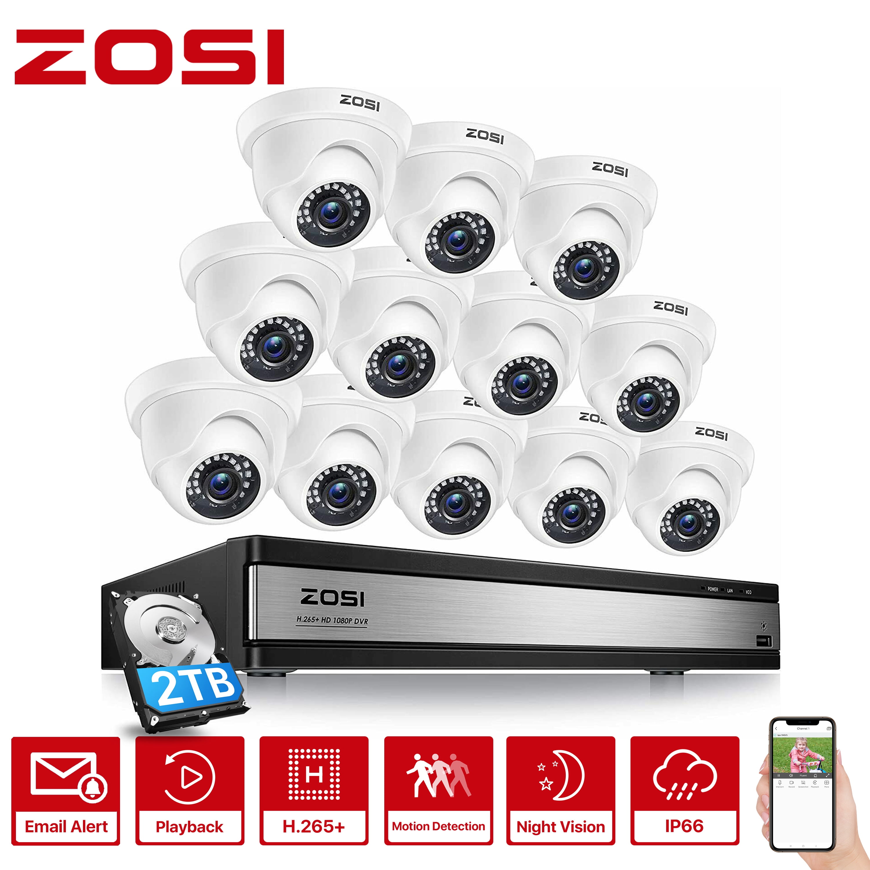 ZOSI H.265+ 16CH 1080P Security Camera System with 2TB Hard Drive, 12PCS 1080P Outdoor Indoor Surveillance Cameras, 80ft Night Vision, Motion Detection,Remote Access