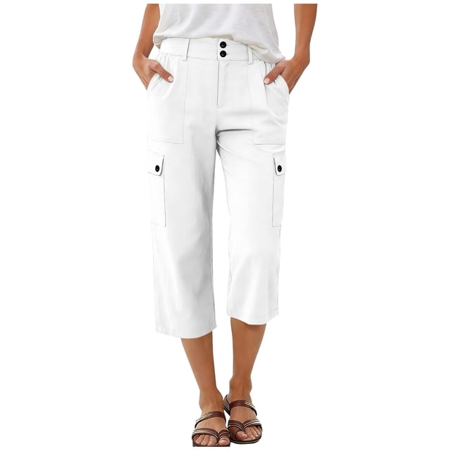 Scyoekwg Capris pour Femmes, Pantalon Cargo de Randonnée à Boutons, Pantalon Capri Décontracté à devant Ouvert avec Poches, Pantalon de Voyage Blanc,P