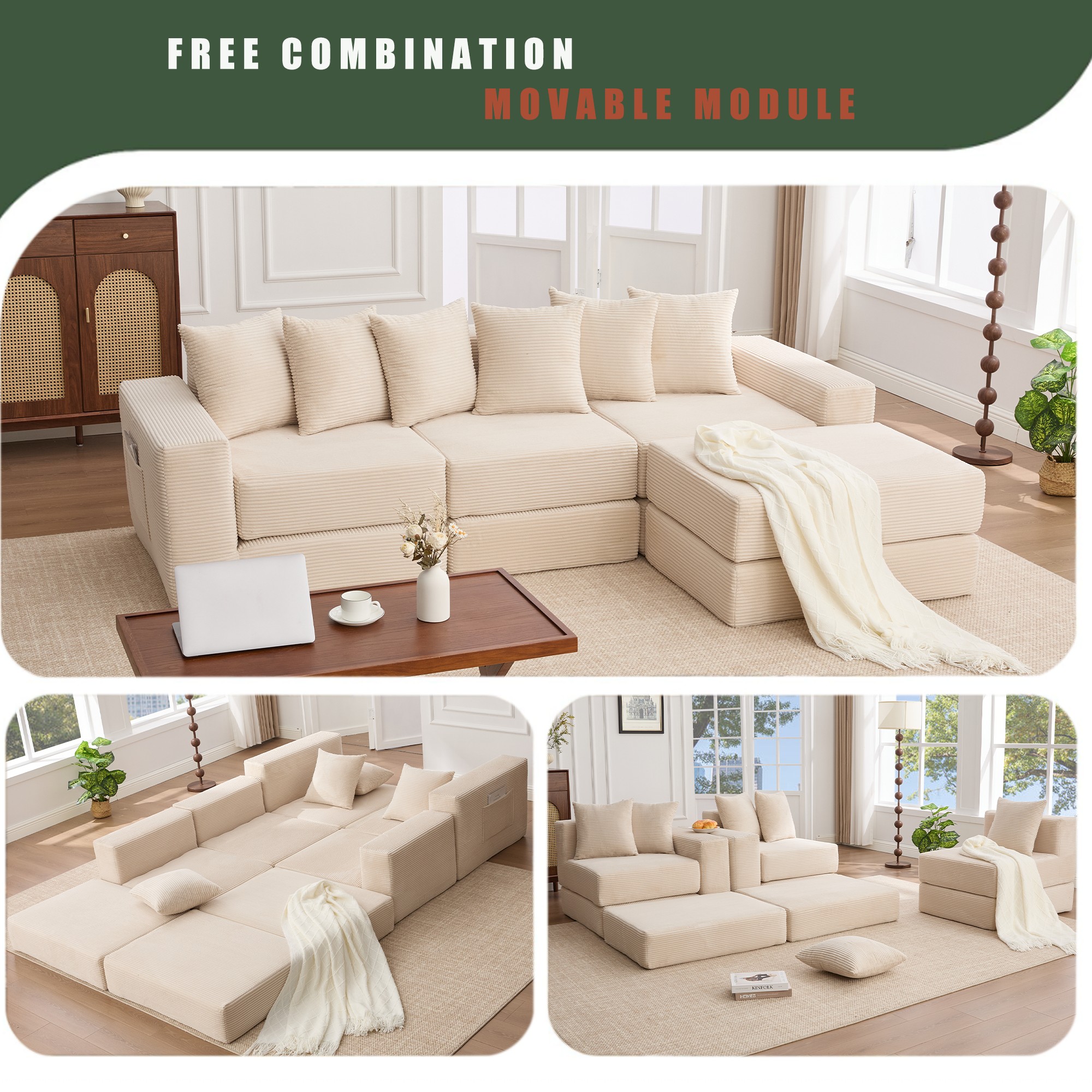 Leumius Convertible Sectional Sofa,Corner Couch,Convertible Floor Sleeper Sofa,10-in-1 Corduroy Modular Sofa,Free Combination Sofa,No Assembly,6 Pillows,Beige