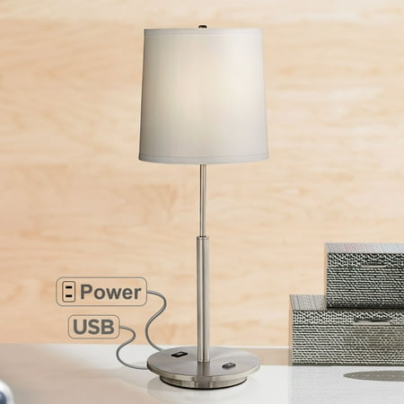 Modern Lamp Base 360 Lighting Modern Table Lamp with Hotel Style USB and AC Power Outlet in Base Brushed Steel Off White Drum Shade for Living Room Bedroom ()