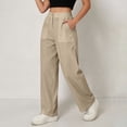 thumbnail image 3 of Atkumj Cotton Linen Pants for Women with Pockets High Waist Button Straight Leg Trouser Pants Casual Solid Color Women Baggy Pants for Everyday Outfit M, 3 of 7