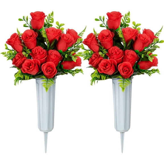 Artificial Cemetery Flowers, Set of 2 Artificial Rose Bouquet Grave Memorial Flowers with Vase for Cemetery Headstones Decoration (White)