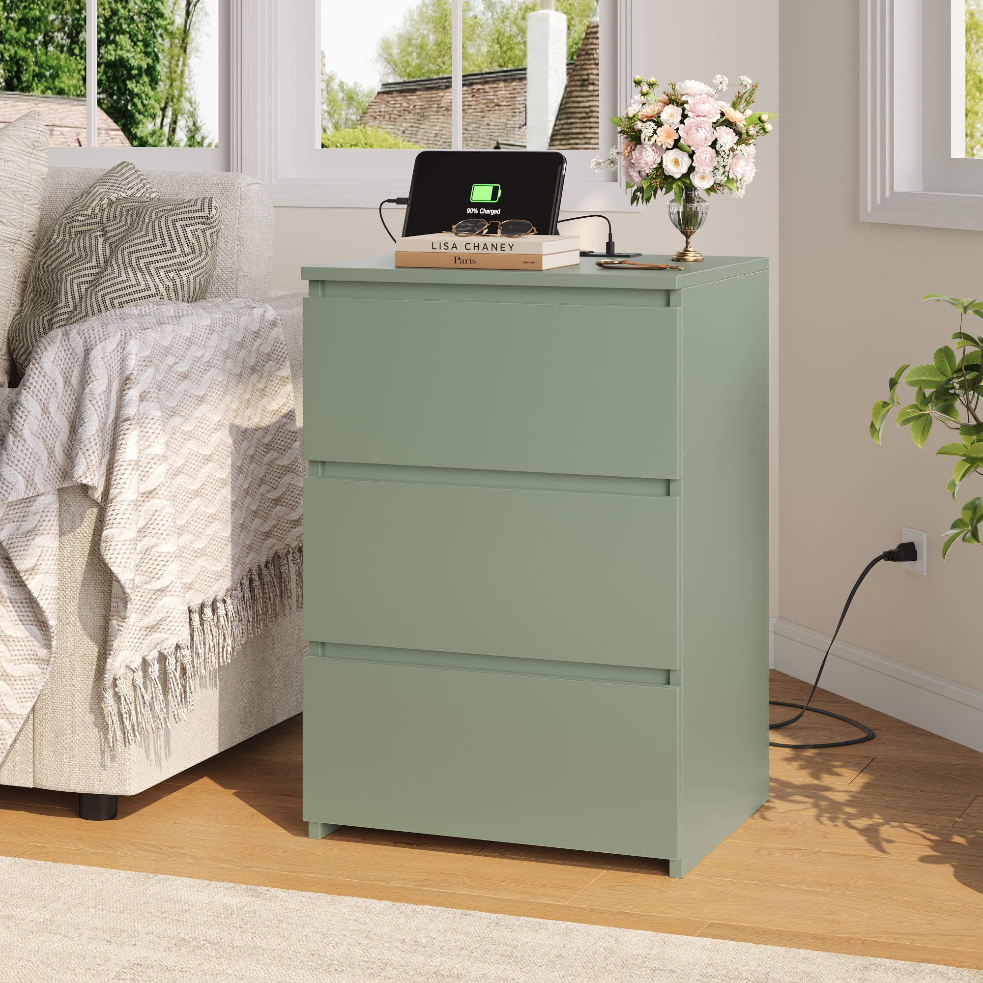 Homfa 3 Drawers Nightstand with Charging Station, Side Table with Storage for Living Room, Bedside Nightstand for Bedroom, Green
