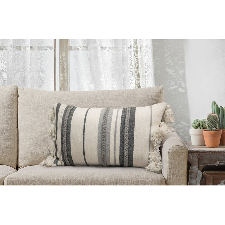 Better Homes & Gardens Decorative Throw Pillow, Stripe Oversize, Oblong,  Ivory/Grey, 14'' x 24'', 1Pack 